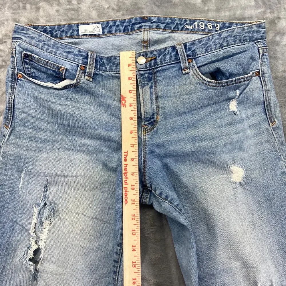 Gap 1969 Real Straight Distressed Jeans Women's 33R Blue Light Wash Denim Frayed